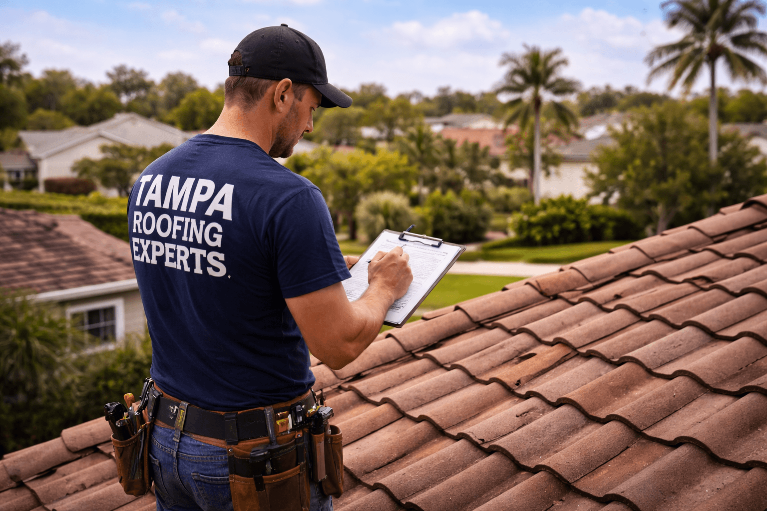 Roof inspector reviewing shingles during a free inspection in Tampa