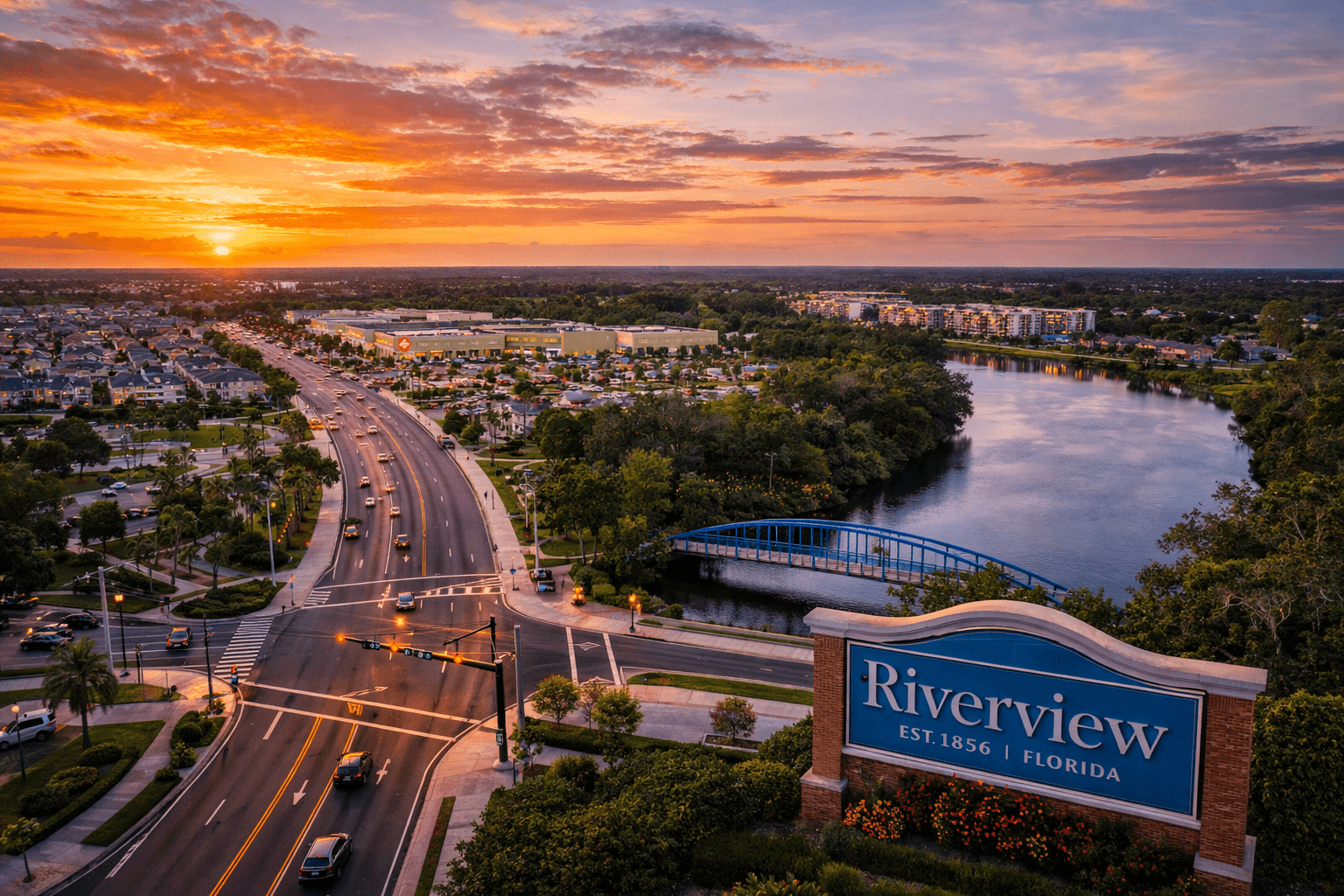Aerial sunset view of Riverview Florida roofing service area