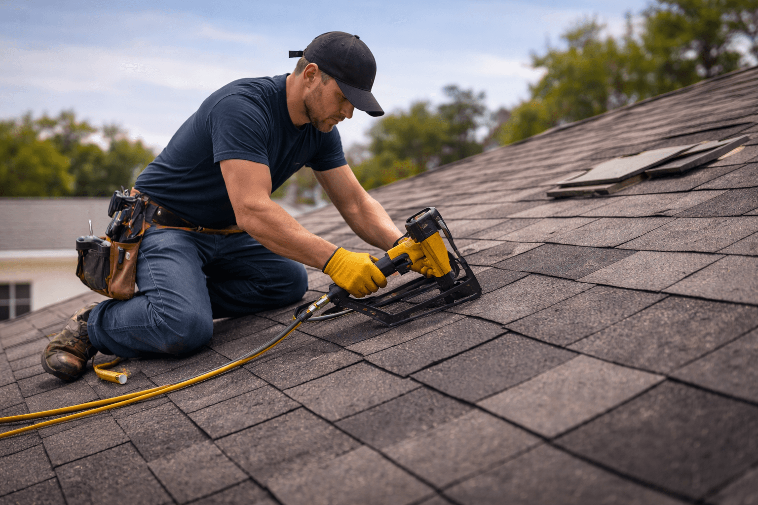 Roof technician repairing storm-damaged shingles on a Tampa home