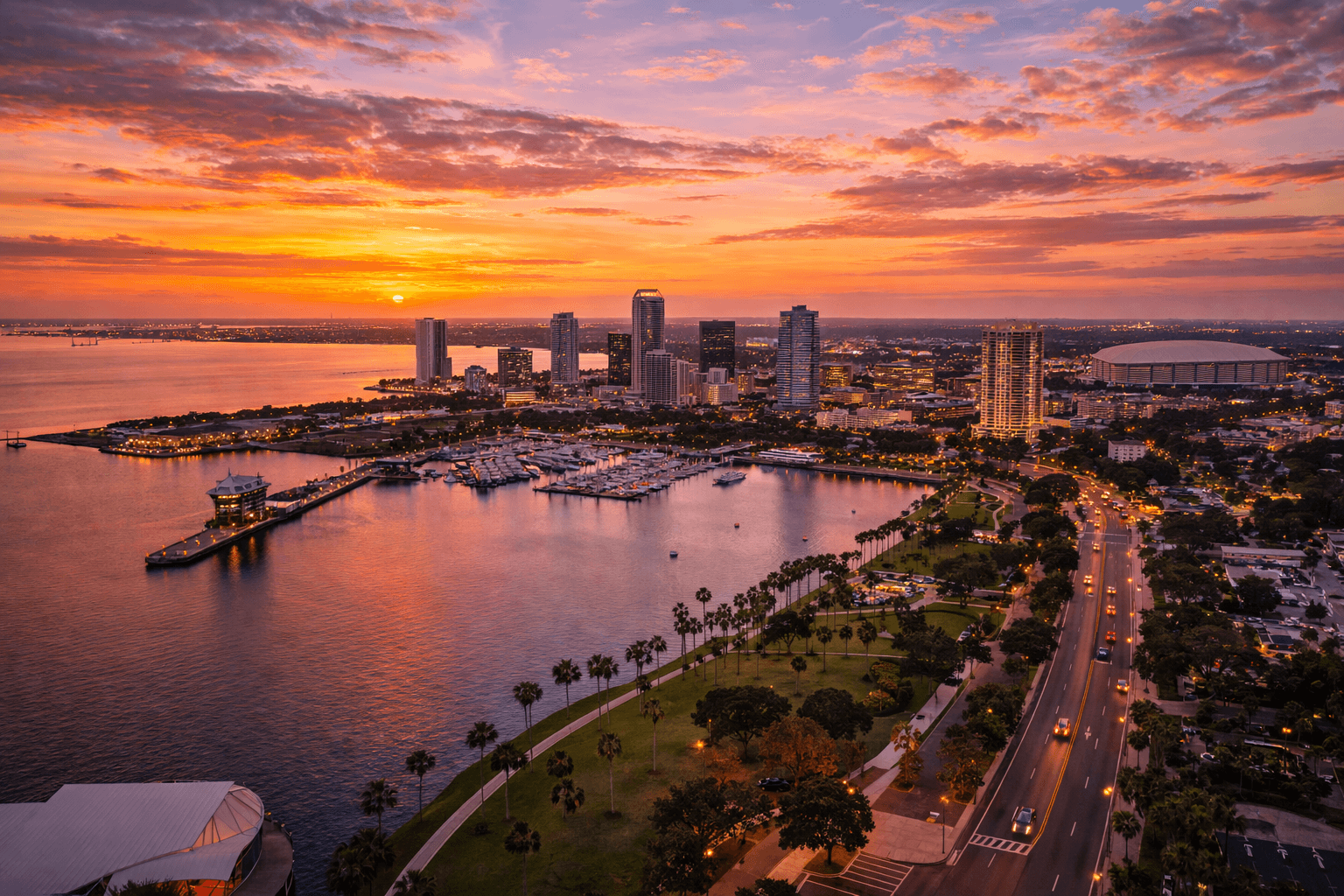 St. Petersburg skyline at sunset in our roofing service area
